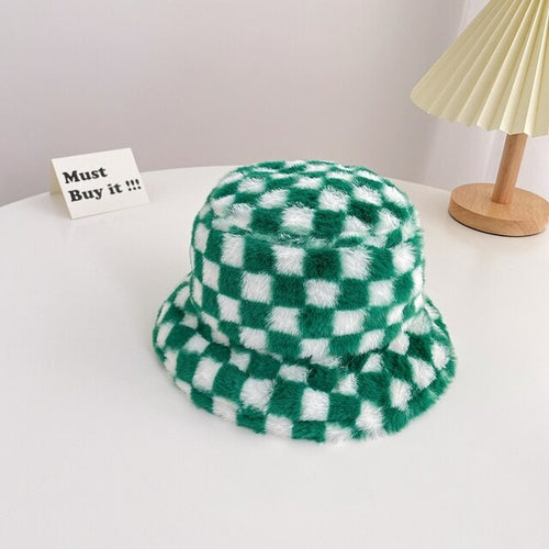 Child Checker Fluff Bucket Hat | Fisherman Hat | Winter Bucket Hats
