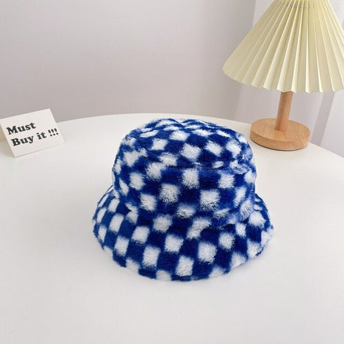 Child Checker Fluff Bucket Hat | Fisherman Hat | Winter Bucket Hats