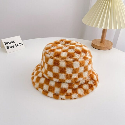 Child Checker Fluff Bucket Hat | Fisherman Hat | Winter Bucket Hats