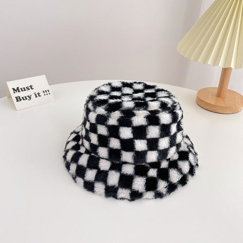 Child Checker Fluff Bucket Hat | Fisherman Hat | Winter Bucket Hats