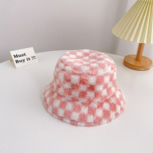 Child Checker Fluff Bucket Hat | Fisherman Hat | Winter Bucket Hats