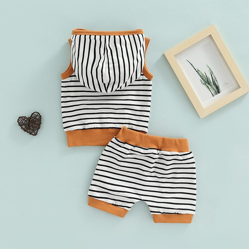 Pocket Shorts Stripe Set | Casual Outfits | Sleeveless Hoodie T-Shirt