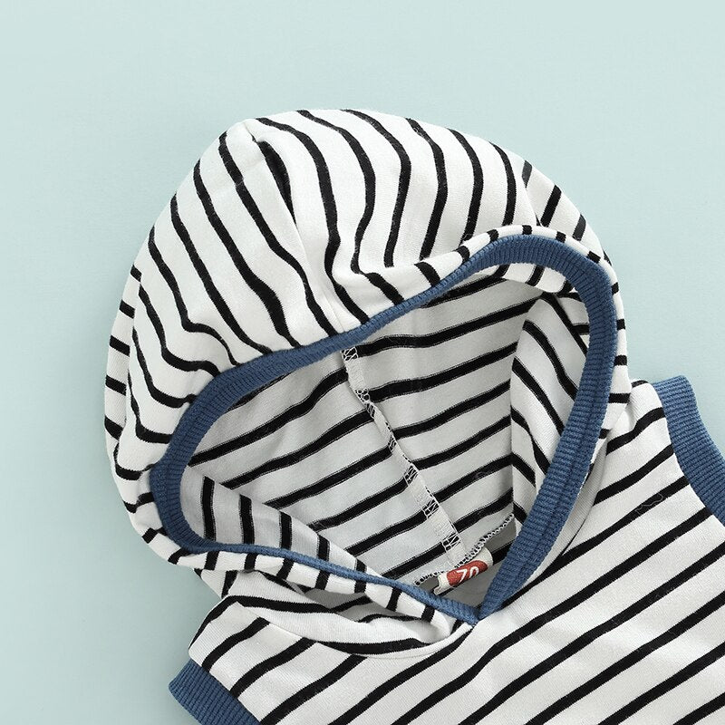 Pocket Shorts Stripe Set | Casual Outfits | Sleeveless Hoodie T-Shirt