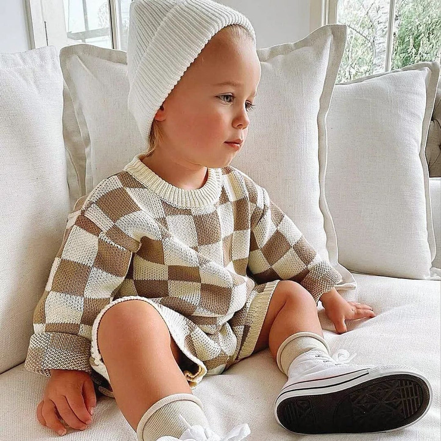 Knit Checkerboard Jumpsuit | Baby Boy Sweater | Romper | Knit Sweater