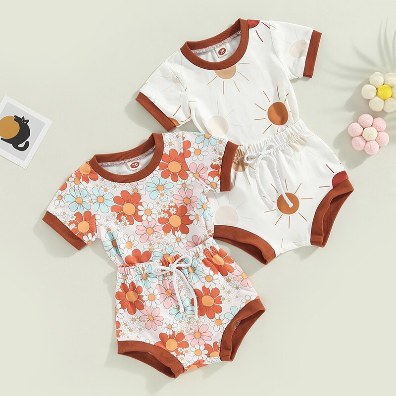 Sun & Flower Retro Cotton Set | Baby Summer Clothes | T Shirt | Tops