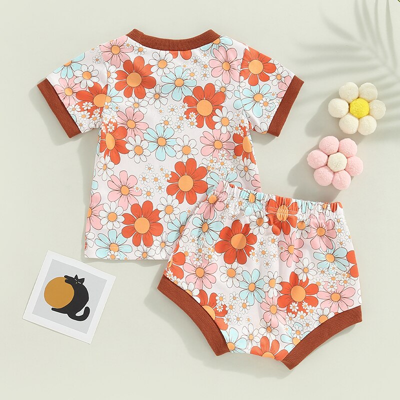 Sun & Flower Retro Cotton Set | Baby Summer Clothes | T Shirt | Tops