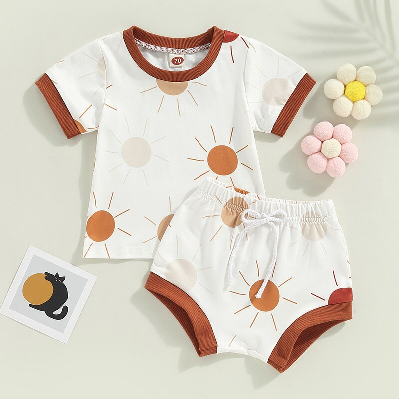 Sun & Flower Retro Cotton Set | Baby Summer Clothes | T Shirt | Tops