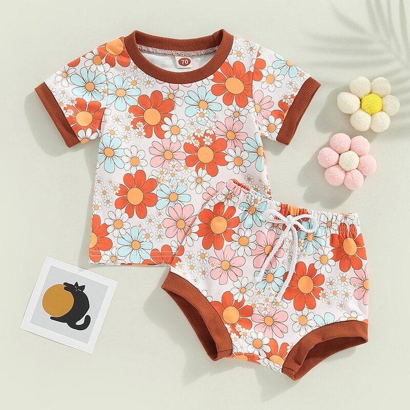 Sun & Flower Retro Cotton Set | Baby Summer Clothes | T Shirt | Tops