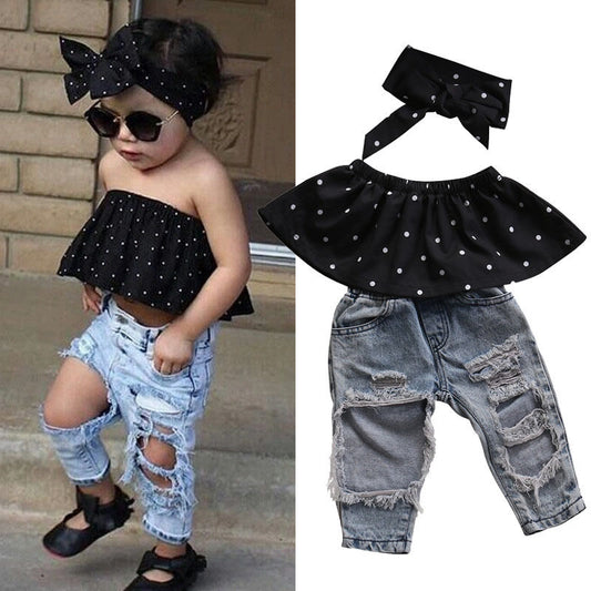 Polka Dot Ruffle Top + Hole Ripped Jeans Pant
