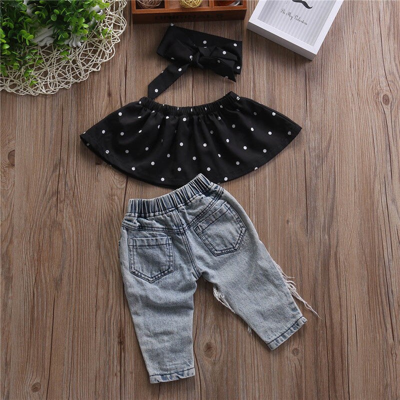 Polka Dot Ruffle Top + Hole Ripped Jeans Pant
