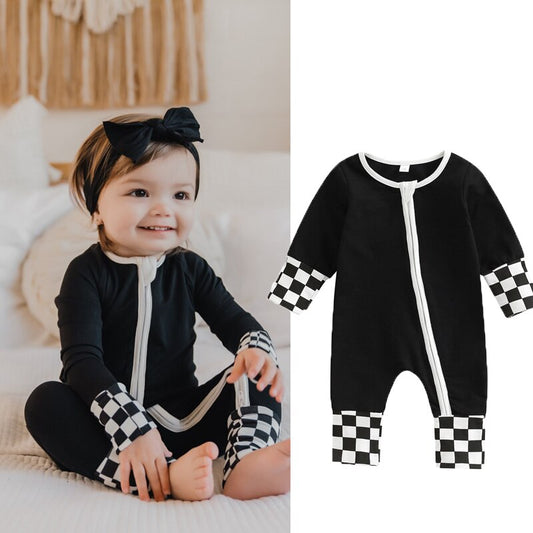 Casual Checker Baby Zip Up | Romper Shorts | Long Sleeve Romper