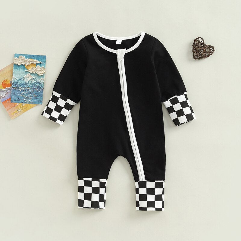 Casual Checker Baby Zip Up | Romper Shorts | Long Sleeve Romper