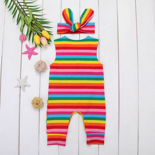 Rainbow Romper Jumpsuit | Headband | Striped Romper | Summer Outfit