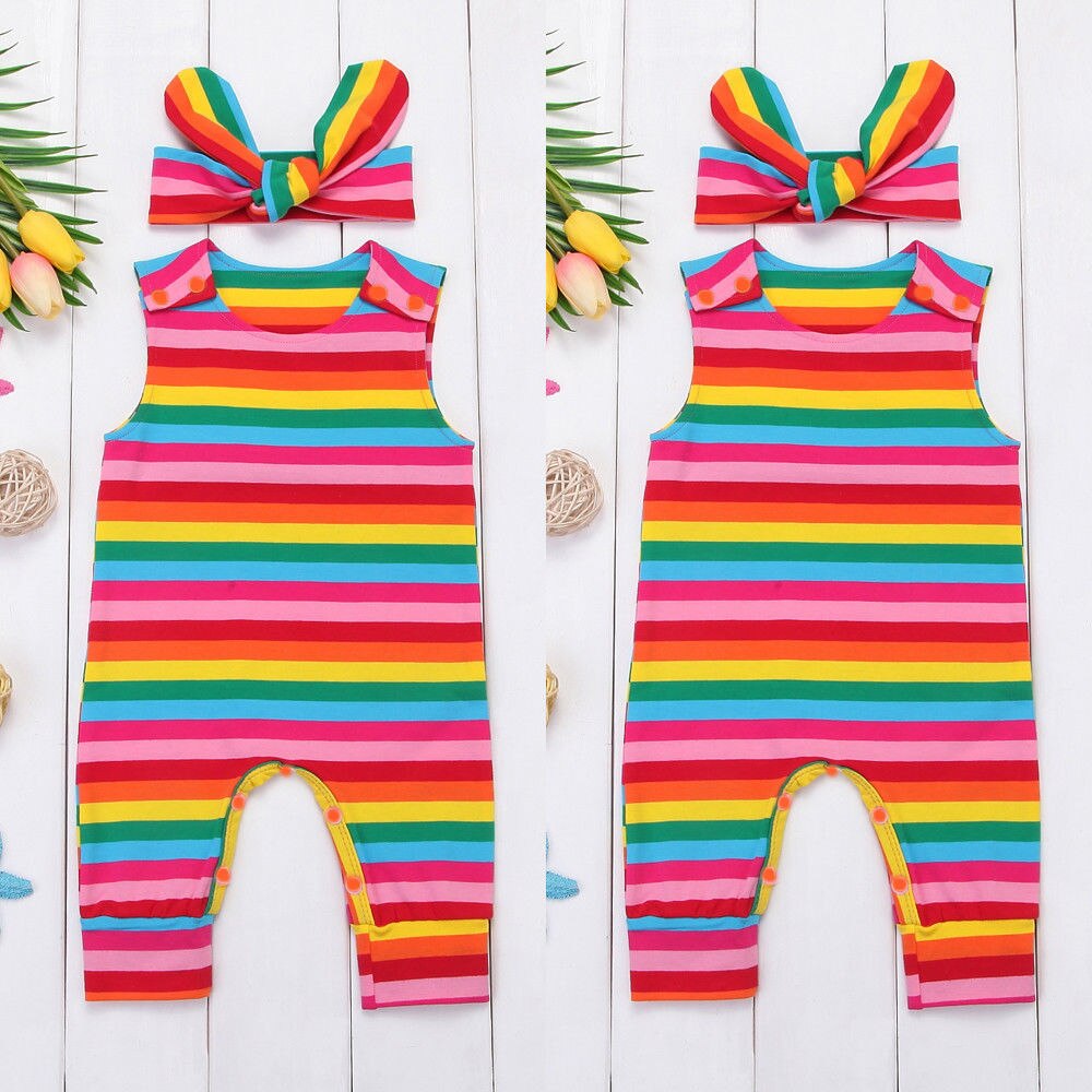 Rainbow Romper Jumpsuit | Headband | Striped Romper | Summer Outfit