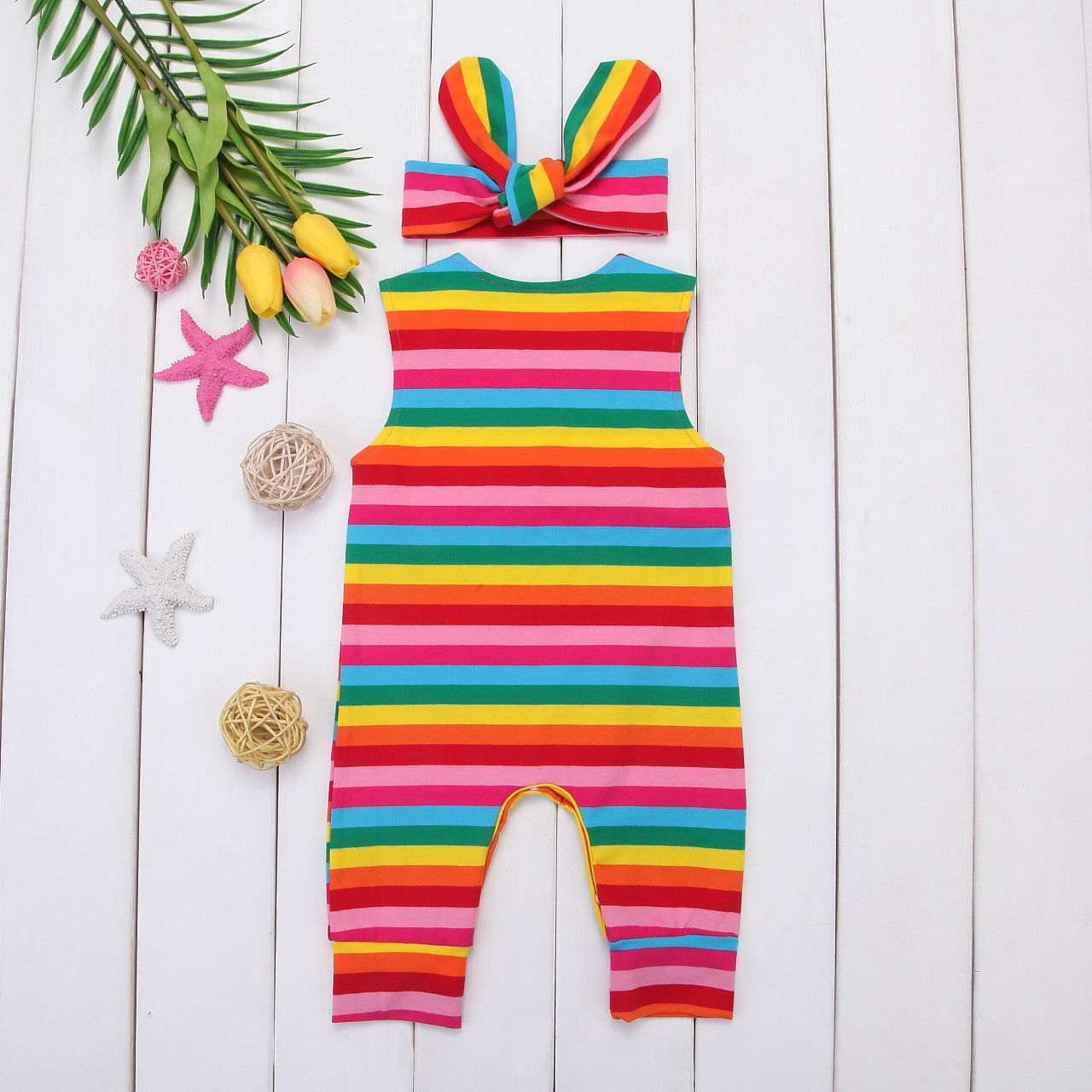 Rainbow Romper Jumpsuit | Headband | Striped Romper | Summer Outfit