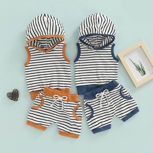 Pocket Shorts Stripe Set | Casual Outfits | Sleeveless Hoodie T-Shirt